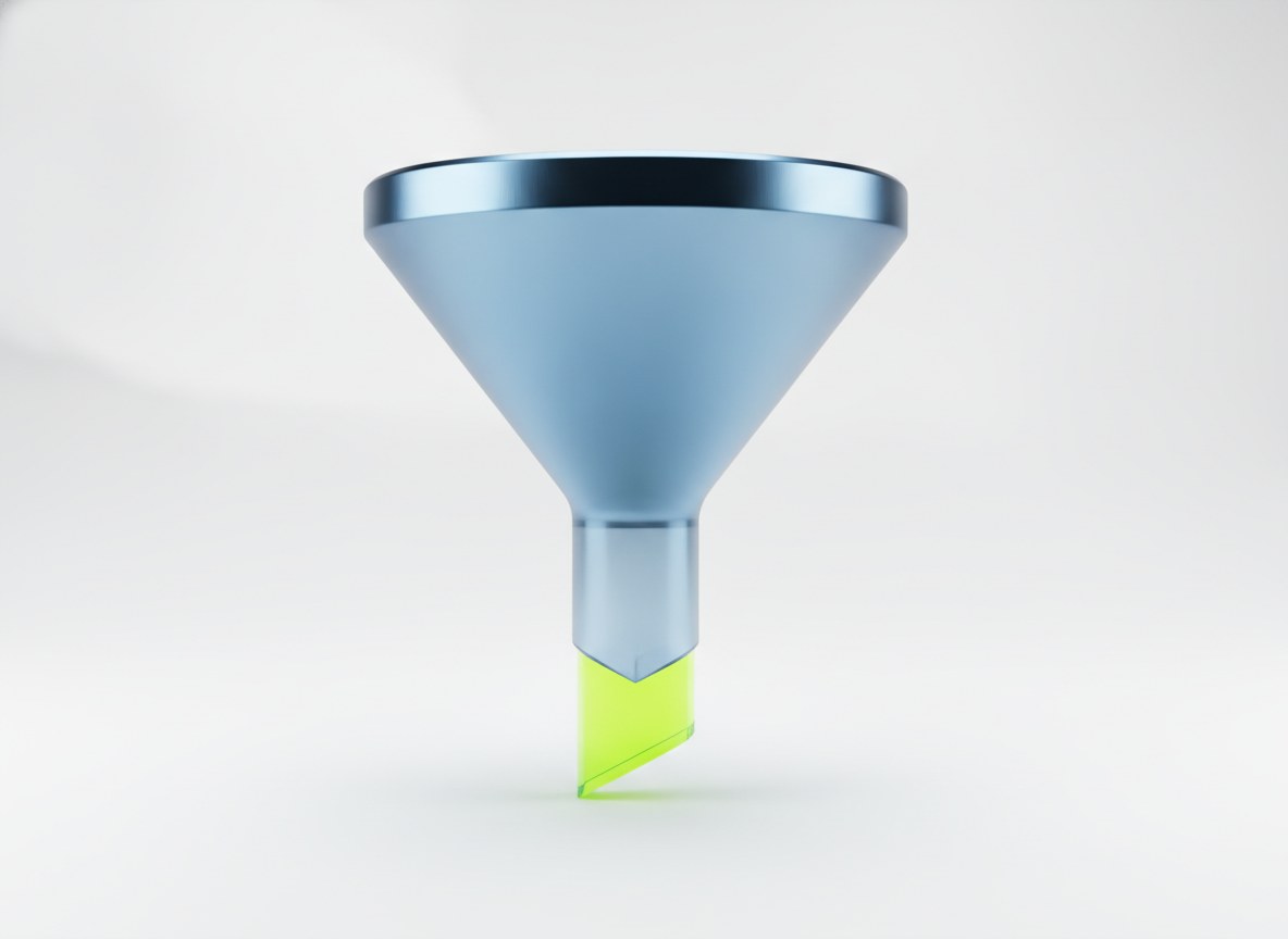 Abstrakte Visualisierung eines Vertriebs-Funnels in Stahlblau mit Lime-Akzent: oben viele Anfragen, unten nur die per KI qualifizierten heißen Leads