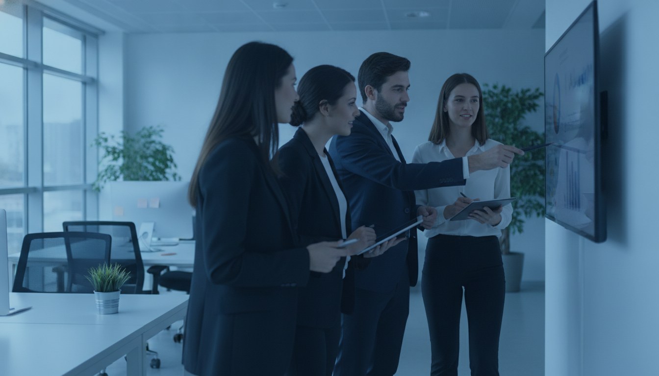 B2B-Vertriebsteam bespricht die per KI-Lead-Qualifizierung gescorten Leads gemeinsam am Bildschirm in einem hellen Büro