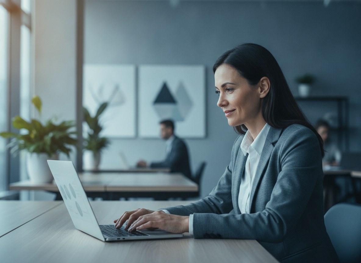 Vertriebsmitarbeiterin prüft am Laptop die per KI-Lead-Qualifizierung gescorte Lead-Liste in einem hellen Büro